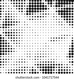 Abstract grunge grid polka dot halftone background pattern. Spotted black and white vector line illustration
