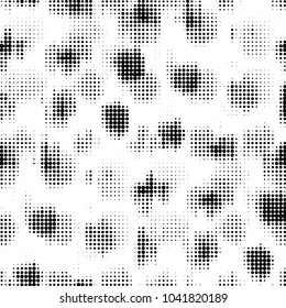 Abstract grunge grid polka dot halftone background pattern. Spotted black and white vector line illustration
