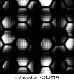 Abstract grunge grid polka dot halftone background pattern. Spotted black and white vector line illustration
