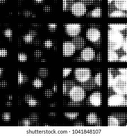Abstract grunge grid polka dot halftone background pattern. Spotted black and white vector line illustration
