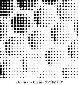 Abstract grunge grid polka dot halftone background pattern. Spotted black and white vector line illustration
