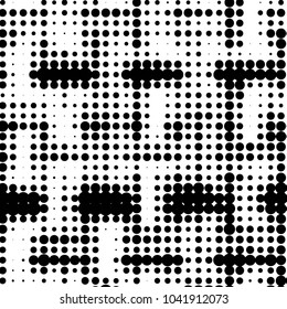 Abstract grunge grid polka dot halftone background pattern. Spotted black and white vector line illustration
