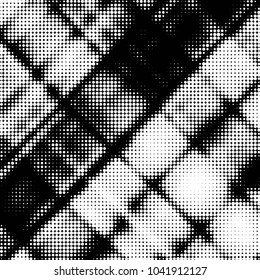 Abstract grunge grid polka dot halftone background pattern. Spotted black and white vector line illustration

