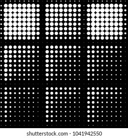 Abstract grunge grid polka dot halftone background pattern. Spotted black and white vector line illustration
