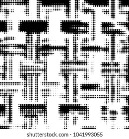 Abstract grunge grid polka dot halftone background pattern. Spotted black and white vector line illustration
