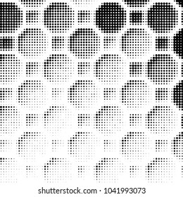 Abstract grunge grid polka dot halftone background pattern. Spotted black and white vector line illustration
