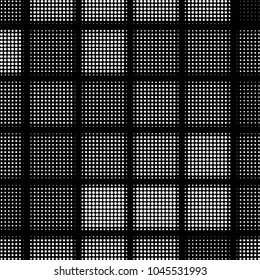 Abstract grunge grid polka dot halftone background pattern. Spotted black and white vector line illustration
