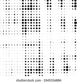 Abstract grunge grid polka dot halftone background pattern. Spotted black and white vector line illustration

