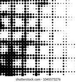 Abstract grunge grid polka dot halftone background pattern. Spotted black and white vector line illustration
