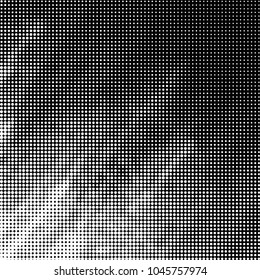 Abstract grunge grid polka dot halftone background pattern. Spotted black and white vector line illustration

