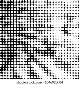 Abstract grunge grid polka dot halftone background pattern. Spotted black and white vector line illustration
