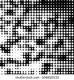 Abstract grunge grid polka dot halftone background pattern. Spotted black and white vector line illustration
