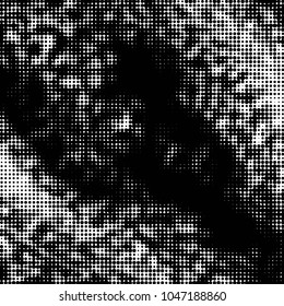 Abstract grunge grid polka dot halftone background pattern. Spotted black and white vector line illustration
