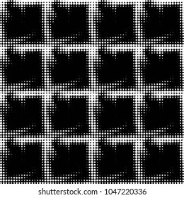 Abstract grunge grid polka dot halftone background pattern. Spotted black and white vector line illustration
