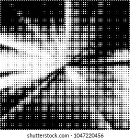 Abstract grunge grid polka dot halftone background pattern. Spotted black and white vector line illustration

