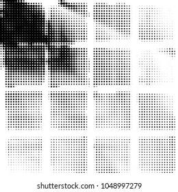 Abstract grunge grid polka dot halftone background pattern. Spotted black and white vector line illustration
