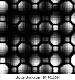 Abstract grunge grid polka dot halftone background pattern. Spotted black and white vector line illustration
