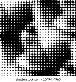 Abstract grunge grid polka dot halftone background pattern. Spotted black and white vector line illustration
