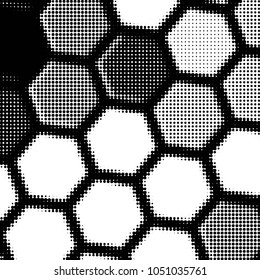 Abstract grunge grid polka dot halftone background pattern. Spotted black and white vector line illustration
