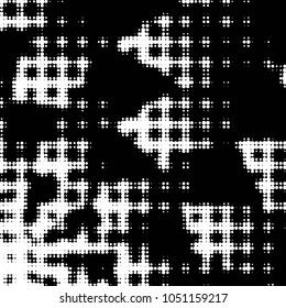 Abstract grunge grid polka dot halftone background pattern. Spotted black and white vector line illustration
