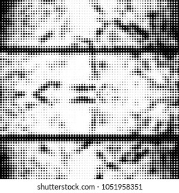 Abstract grunge grid polka dot halftone background pattern. Spotted black and white vector line illustration
