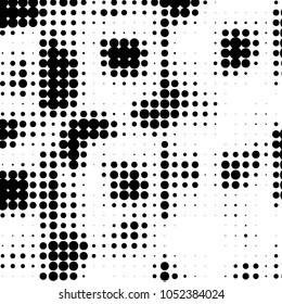 Abstract grunge grid polka dot halftone background pattern. Spotted black and white vector line illustration
