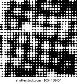 Abstract grunge grid polka dot halftone background pattern. Spotted black and white vector line illustration
