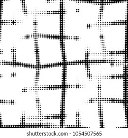 Abstract grunge grid polka dot halftone background pattern. Spotted black and white vector line illustration
