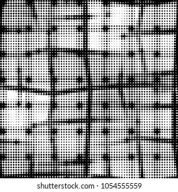 Abstract grunge grid polka dot halftone background pattern. Spotted black and white vector line illustration
