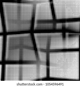 Abstract grunge grid polka dot halftone background pattern. Spotted black and white vector line illustration
