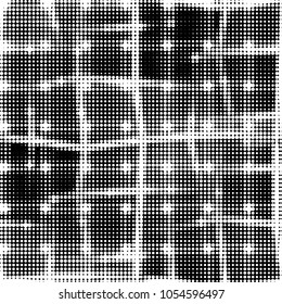 Abstract grunge grid polka dot halftone background pattern. Spotted black and white vector line illustration
