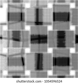 Abstract grunge grid polka dot halftone background pattern. Spotted black and white vector line illustration
