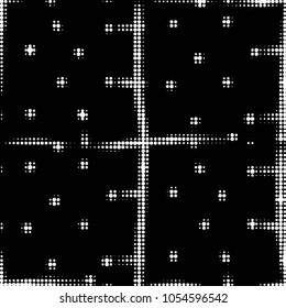 Abstract grunge grid polka dot halftone background pattern. Spotted black and white vector line illustration
