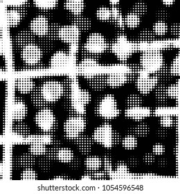 Abstract grunge grid polka dot halftone background pattern. Spotted black and white vector line illustration
