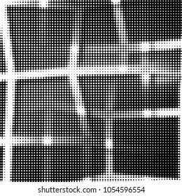 Abstract grunge grid polka dot halftone background pattern. Spotted black and white vector line illustration
