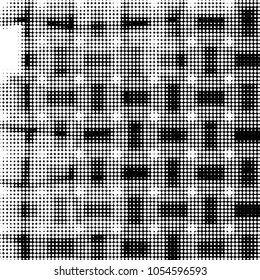 Abstract grunge grid polka dot halftone background pattern. Spotted black and white vector line illustration
