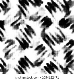 Abstract grunge grid polka dot halftone background pattern. Spotted black and white vector line illustration
