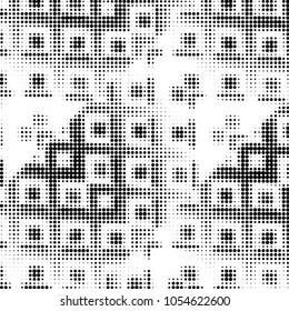 Abstract grunge grid polka dot halftone background pattern. Spotted black and white vector line illustration
