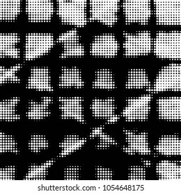 Abstract grunge grid polka dot halftone background pattern. Spotted black and white vector line illustration
