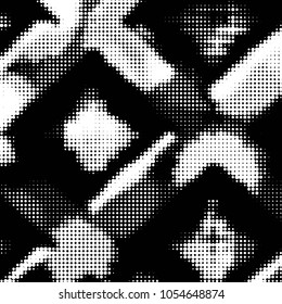 Abstract grunge grid polka dot halftone background pattern. Spotted black and white vector line illustration
