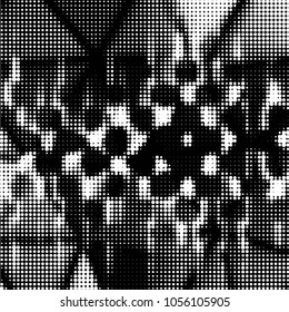 Abstract grunge grid polka dot halftone background pattern. Spotted black and white vector line illustration
