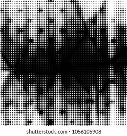 Abstract grunge grid polka dot halftone background pattern. Spotted black and white vector line illustration
