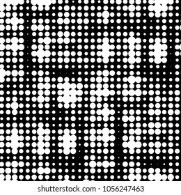 Abstract grunge grid polka dot halftone background pattern. Spotted black and white vector line illustration
