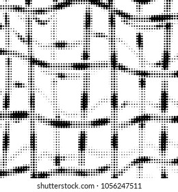 Abstract grunge grid polka dot halftone background pattern. Spotted black and white vector line illustration
