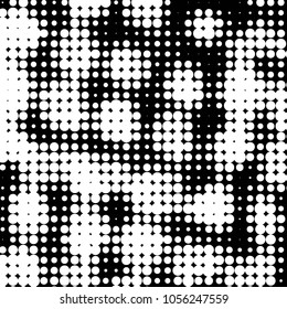 Abstract grunge grid polka dot halftone background pattern. Spotted black and white vector line illustration
