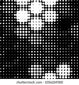 Abstract grunge grid polka dot halftone background pattern. Spotted black and white vector line illustration
