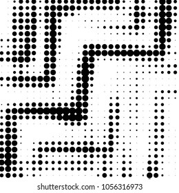 Abstract grunge grid polka dot halftone background pattern. Spotted black and white vector line illustration
