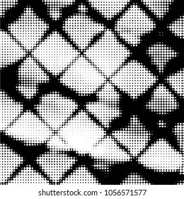 Abstract grunge grid polka dot halftone background pattern. Spotted black and white vector line illustration
