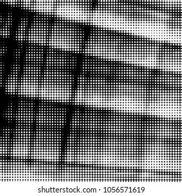 Abstract grunge grid polka dot halftone background pattern. Spotted black and white vector line illustration
