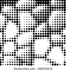 Abstract grunge grid polka dot halftone background pattern. Spotted black and white vector line illustration
